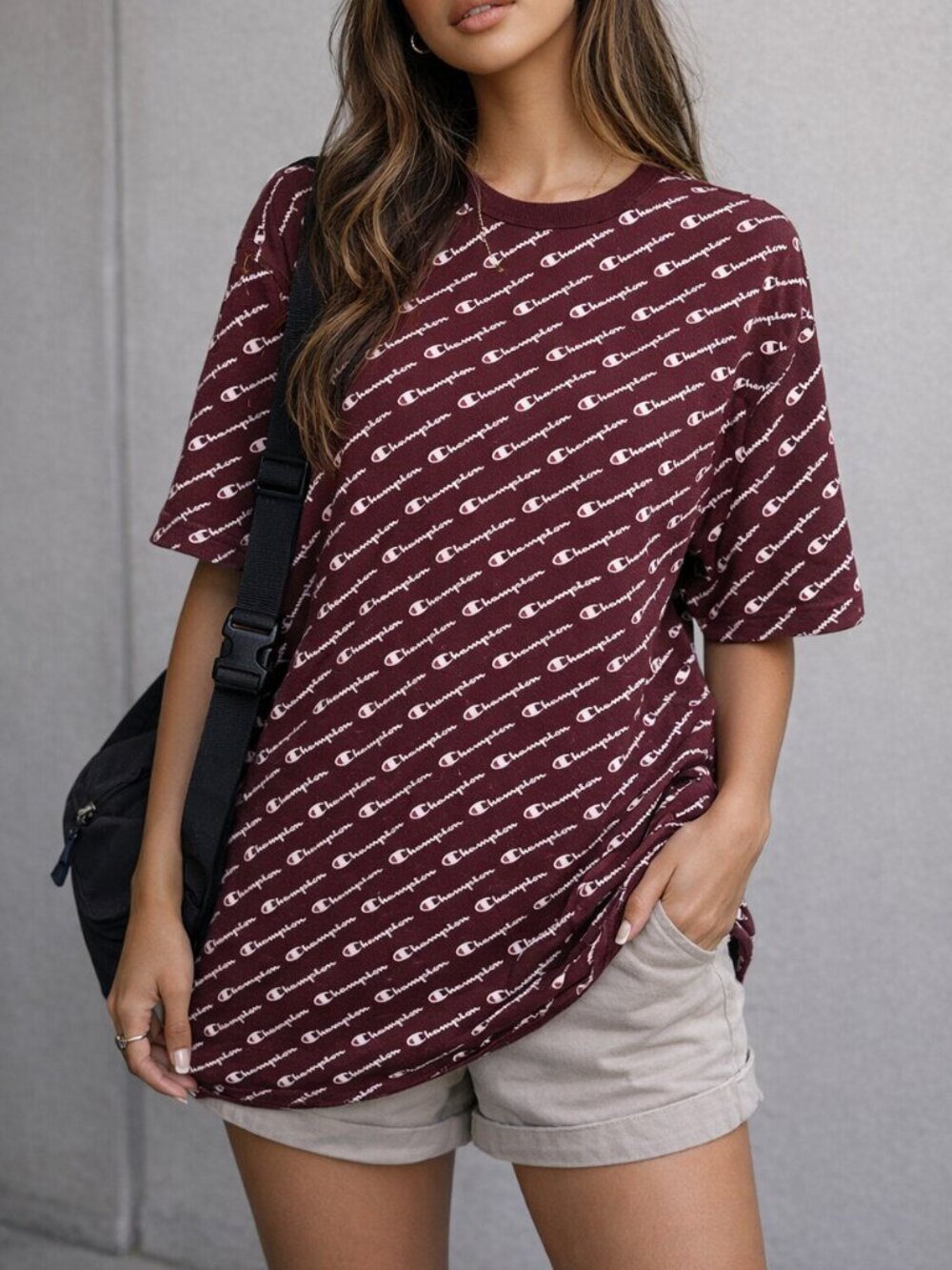 Champion Heritage Y2K All Over Print Womens Large Spell Out Maroon 100% Cotton